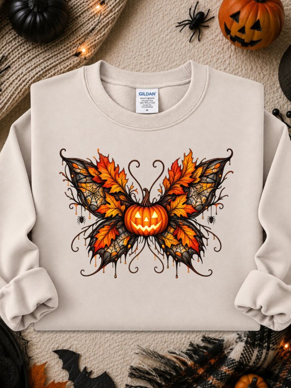 Halloween Pumpkin Butterfly Sweatshirt Adult Unisex Graphic Crewneck Fall Leaves